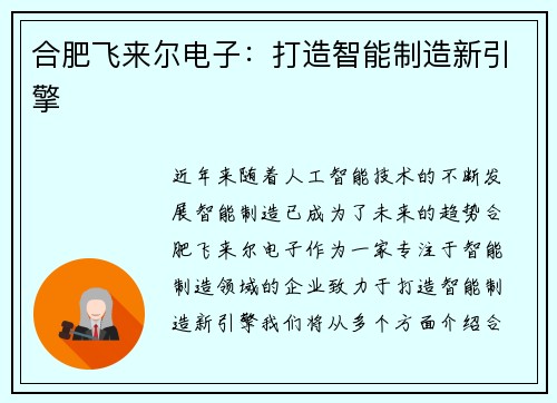 合肥飞来尔电子：打造智能制造新引擎